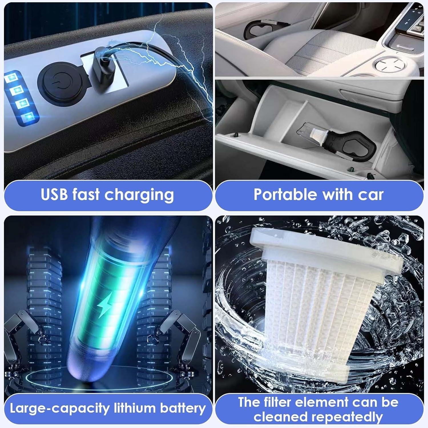 Handheld Vacuum Cleaner Cordless, Car Aspirateur, 2 in 1 Portable Vacuum Cleaner Powerful Mini Car Seat Cleaner Rechargeable Super Suction for Kitchen, Pet Hair, Office,Noir