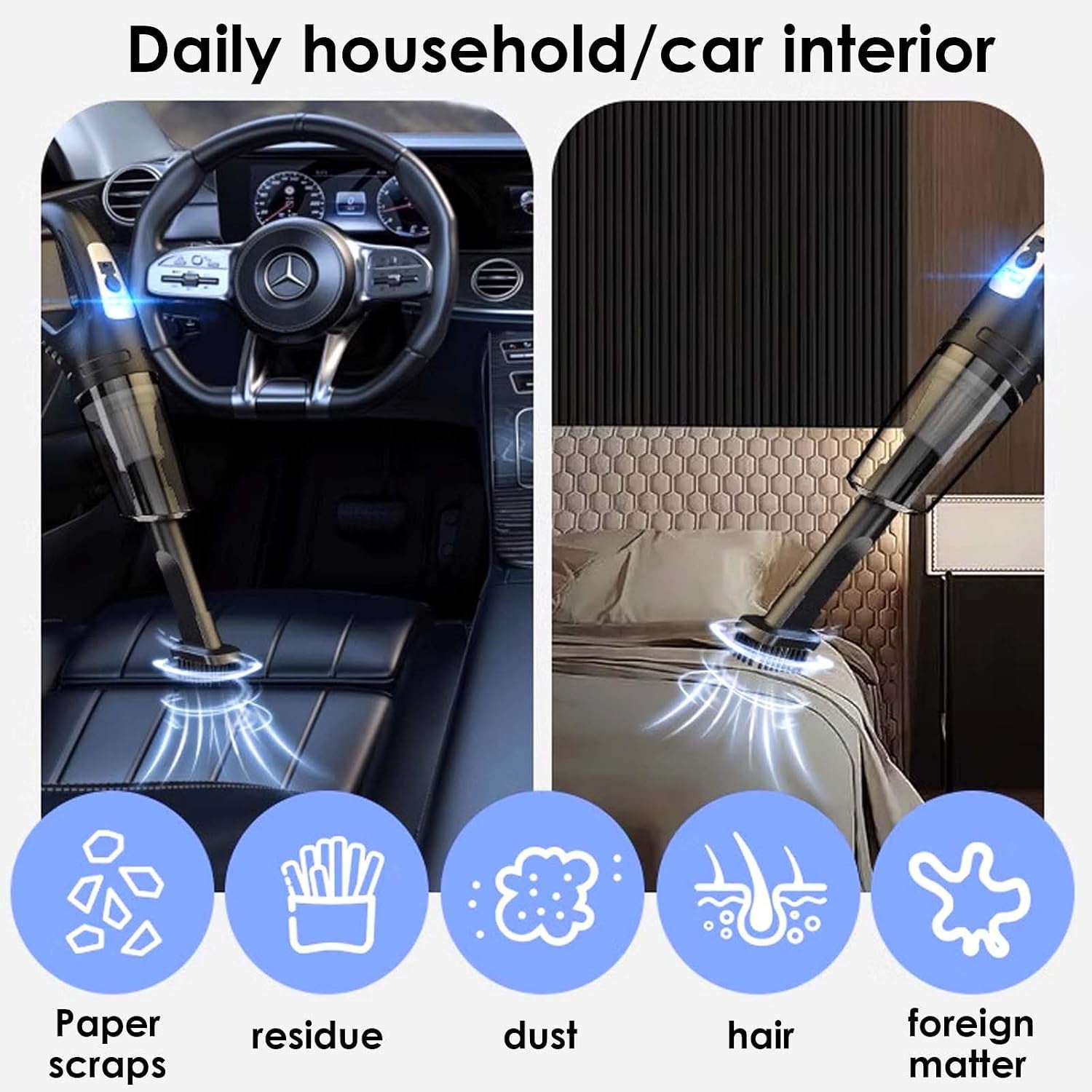Handheld Vacuum Cleaner Cordless, Car Aspirateur, 2 in 1 Portable Vacuum Cleaner Powerful Mini Car Seat Cleaner Rechargeable Super Suction for Kitchen, Pet Hair, Office,Noir